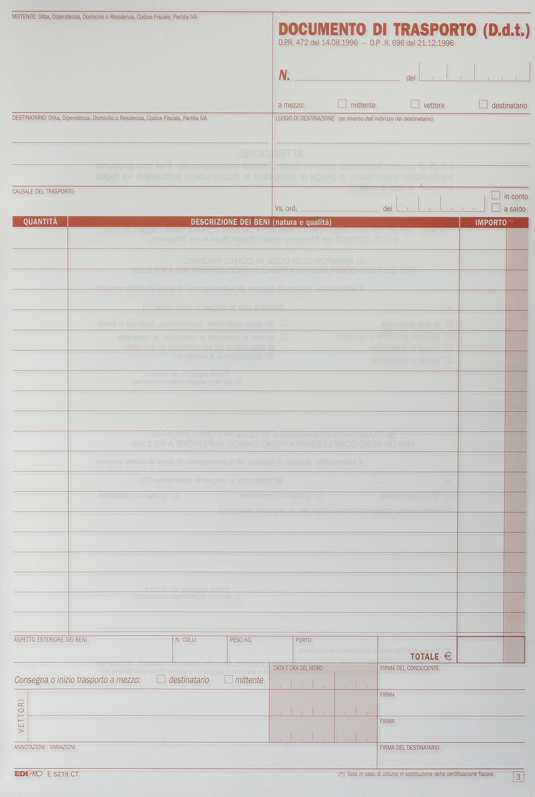 EDIPRO E5219CT Blocco documento di trasporto 33x3 autoricalcante 29.7x22