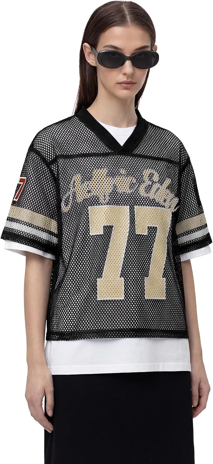 Aelfric Eden Cropped Jersey for Women Mesh Boxy Y2k Shirts V Neck Graphic Tees Football Number Streetwear T Shirt Tops