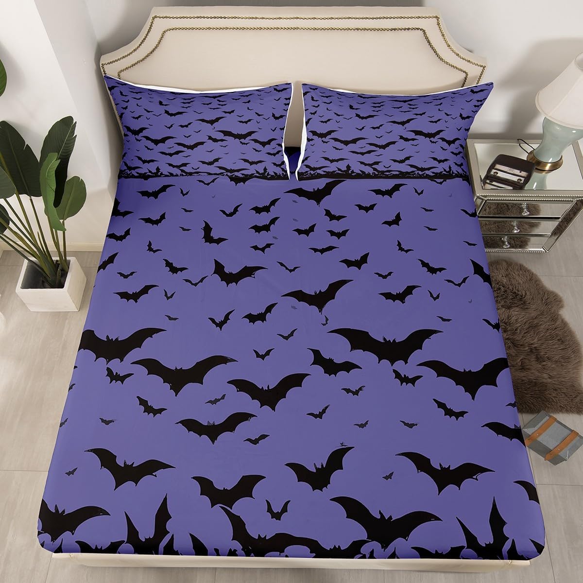 Feelyou Happy Halloween Bed Sheet Set Kids Bats Animal Print Fitted Sheet Horror Theme Bedding Set for Women Men Room Decor Witchcraft Bed Cover Deep Pocket Twin Size with 1 Pillow Case