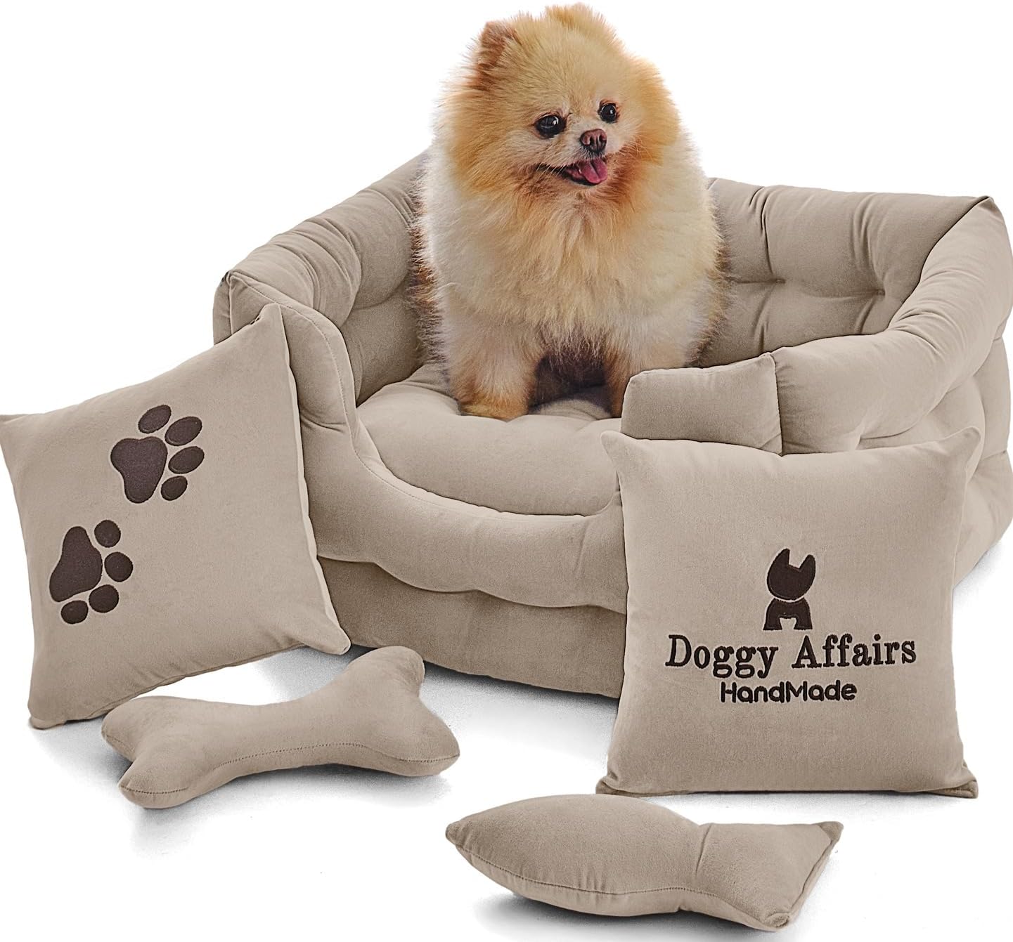 5-in-1 Calming Premium Dog Bed Set | Elevated Royal Dutch Velvet Couch for Dog and Cat – 2 Cushions, 2 Toys, Machine Washable, Durable, Size: XS, 21x17x10in