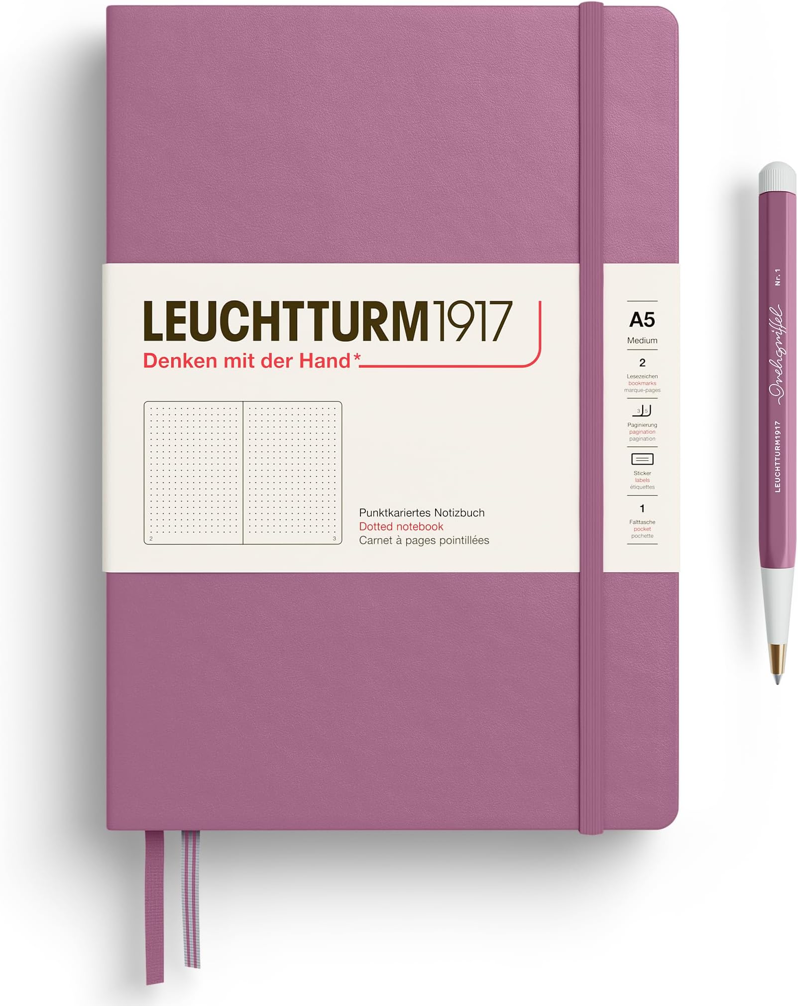 Notebook Hardcover Medium A5-251 Numbered Pages for Writing and Journaling - Thinking Ahead (Dotted Paper, Dusty Rose)