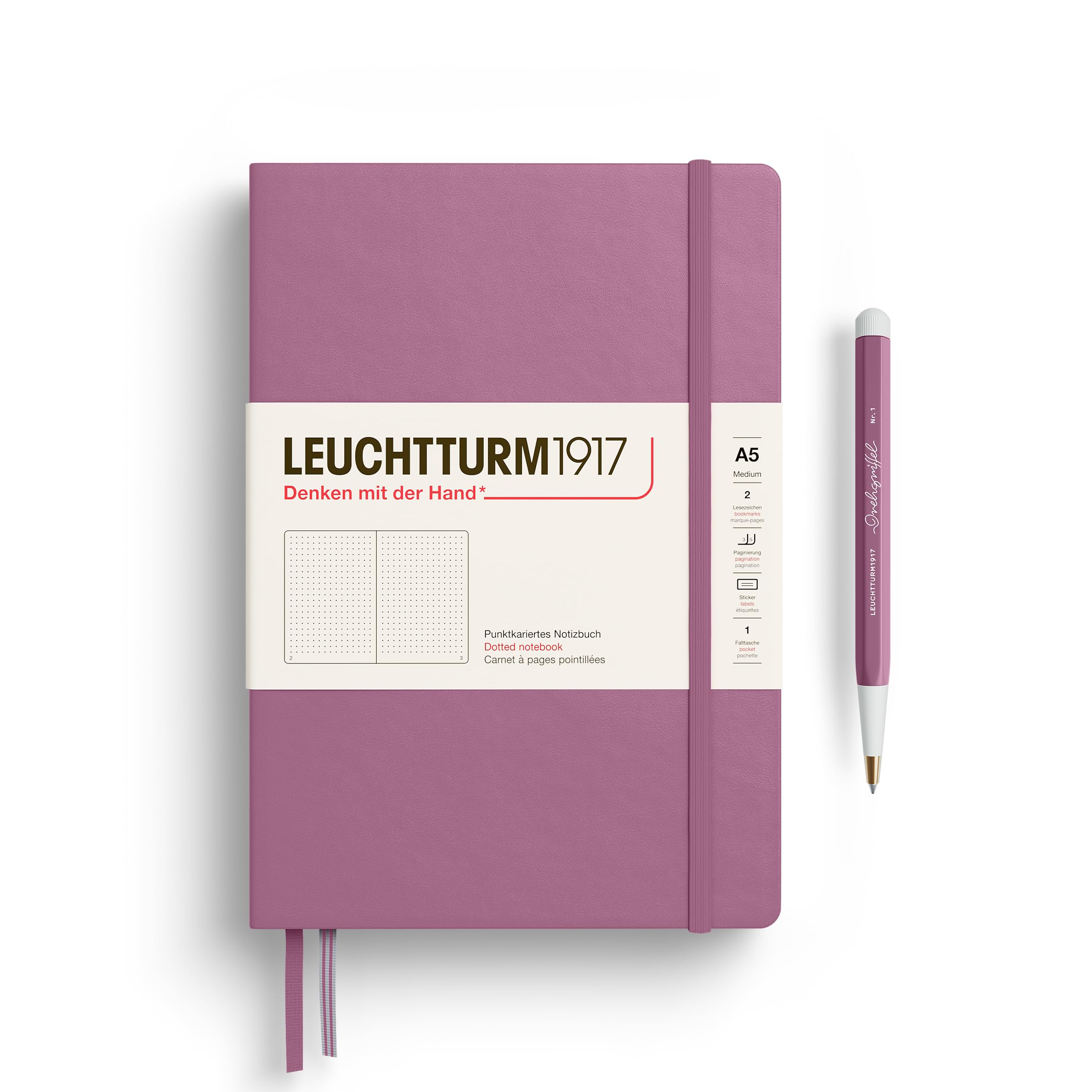 Notebook Hardcover Medium A5-251 Numbered Pages for Writing and Journaling - Thinking Ahead (Dotted Paper, Dusty Rose)