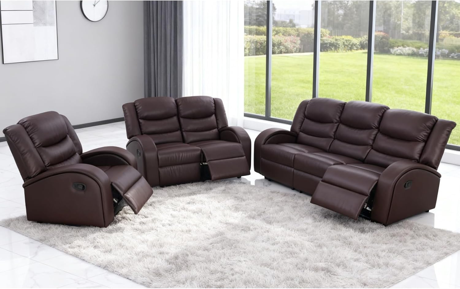 Recliner Sofa Set, Faux Synthetic Leather Living Room Reclining Couch with Adjustable Backrest, Modern Leather-Style Couch Set, Comfortable Reclining Seats for Home Theater, Apartment, Brown