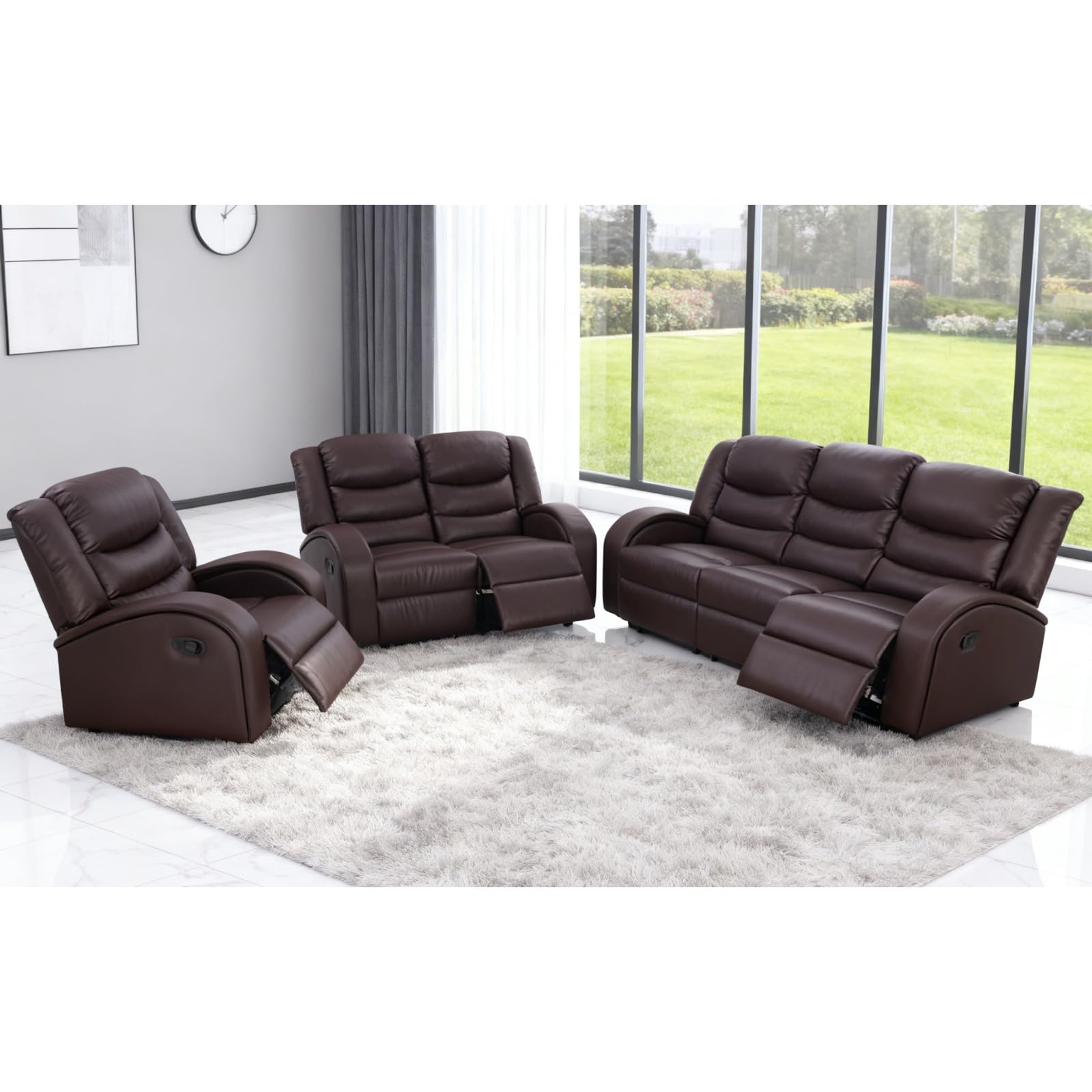 Trygoal Recliner Sofa Set, Faux Synthetic Leather Living Room Reclining Couch with Adjustable Backrest, Modern Leather-Style Couch Set, Comfortable