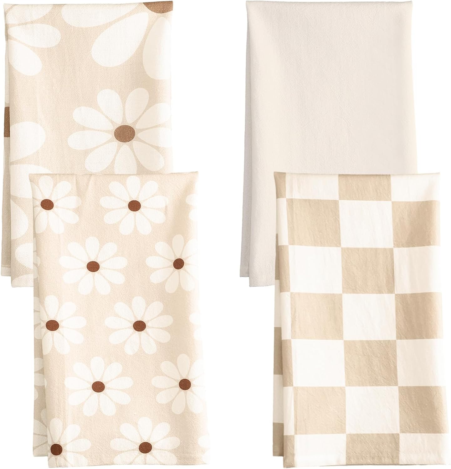 Mindsoft 4 Pack Beige Checkered Daisy Floral Kitchen Towels 16x24 Inch Boho Flower Flour Sack Cotton Hand Tea Towel Modern Retro Absorbent Dishcloths for Bathroom Kitchen Housewarming Gifts New Home