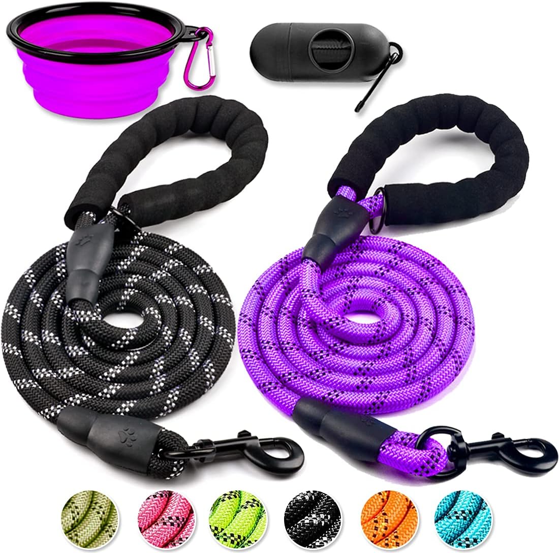 COOYOO 2 Pack Dog Leash 5 FT Heavy Duty - Comfortable Padded Handle - Reflective Dog Leash for Medium Large Dogs with Collapsible Pet Bowl : Pet Supplies