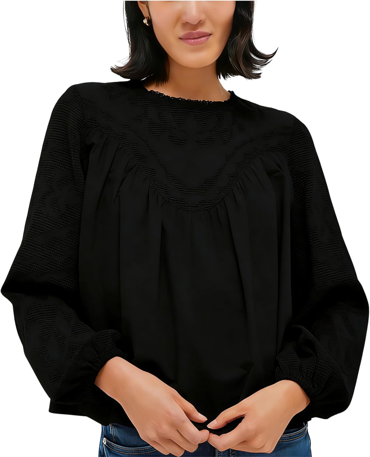 Women's Long Sleeve Lace Blouses Crew Neck Embroidered Mesh Lace Shirt Flowy Patchwork Babydoll Tops