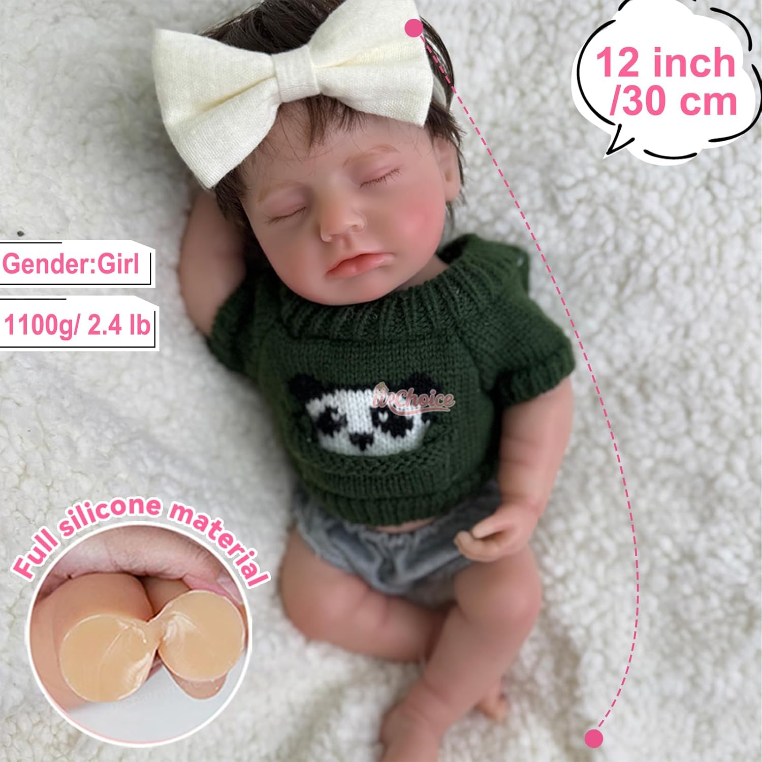Full Body Silicone Baby Doll with Hair 12 Inch Girl Open Mouth, That Look Real Life Sleeping Newborn Anatomically Correct Baby Doll