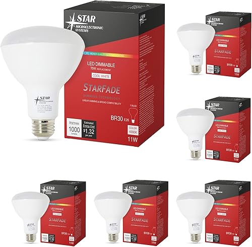 Star Microelectronic Systems Bombilla LED regulable, amplia compatibilidad, 90 CRI, 1000 lúmenes, 4000 K, 22,000 horas, BR30 (paquete de 6)