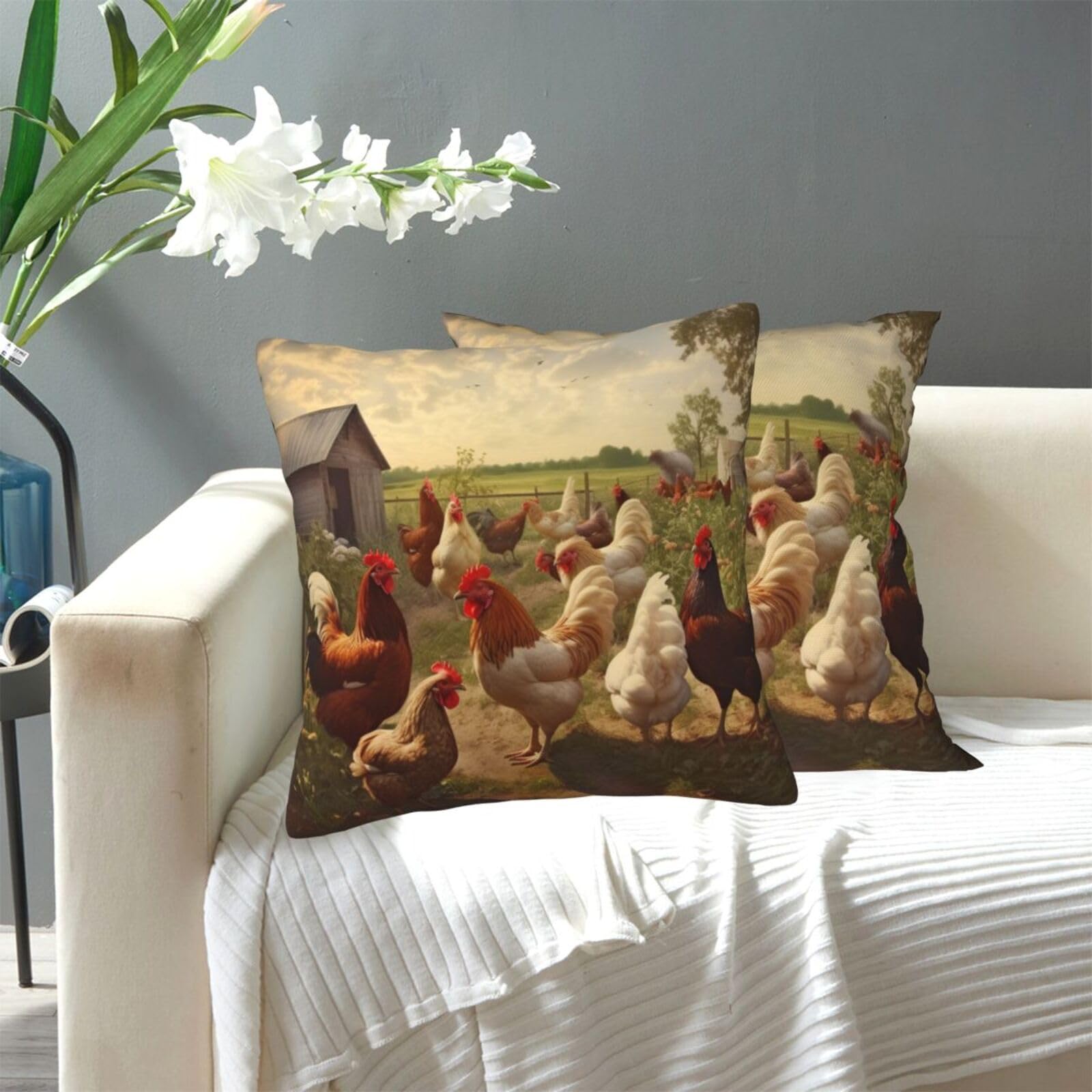 FekiLoot Decorative Throw Pillow Covers Modern Farmhouse Pillowcase Double Sided Cozy Cushion Cover for Sofa Couch Bed 16"X16" Chickens and Farm