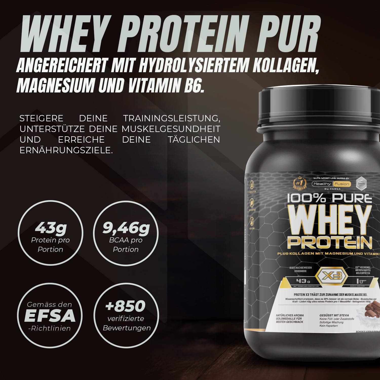 Healthy Fusion Whey Protein | 100% reines Whey Protein mit Kollagen, Magnesium & Vitamin B6 | 43 g Protein + 9,4 g BCAA pro Portion | Für Muskelaufbau, schnellere Regeneration | Schokolade | 1 kg