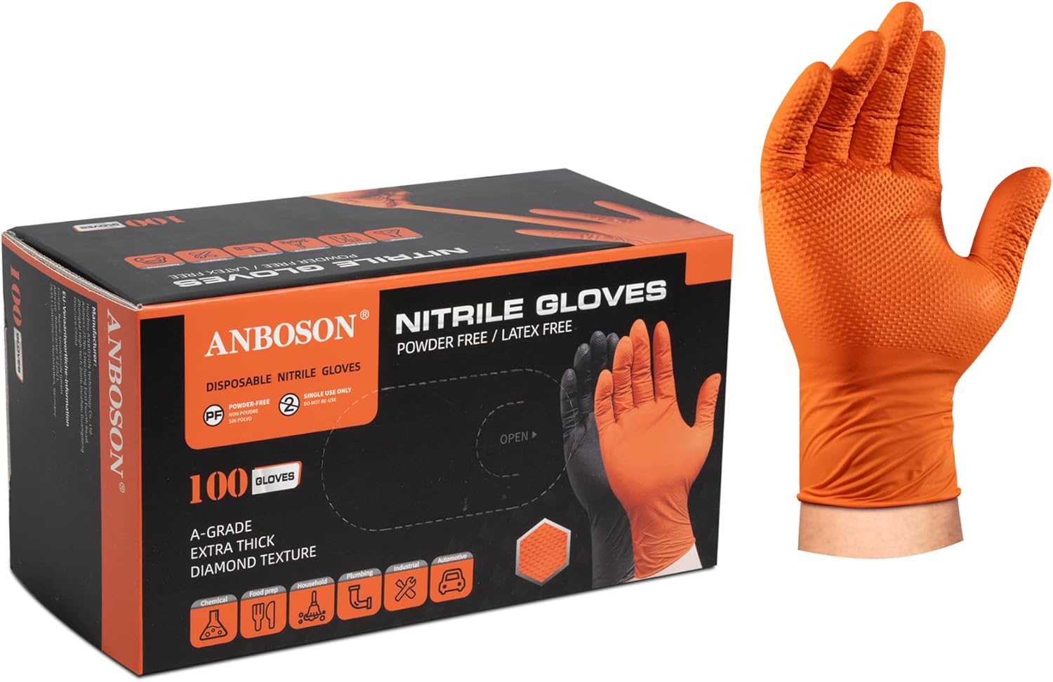 ANBOSON Nitrile Gloves Disposable Latex free, 9Mil Heavy Duty Rubber Gloves with Diamond Texture, Mechanic Gloves, Industrial