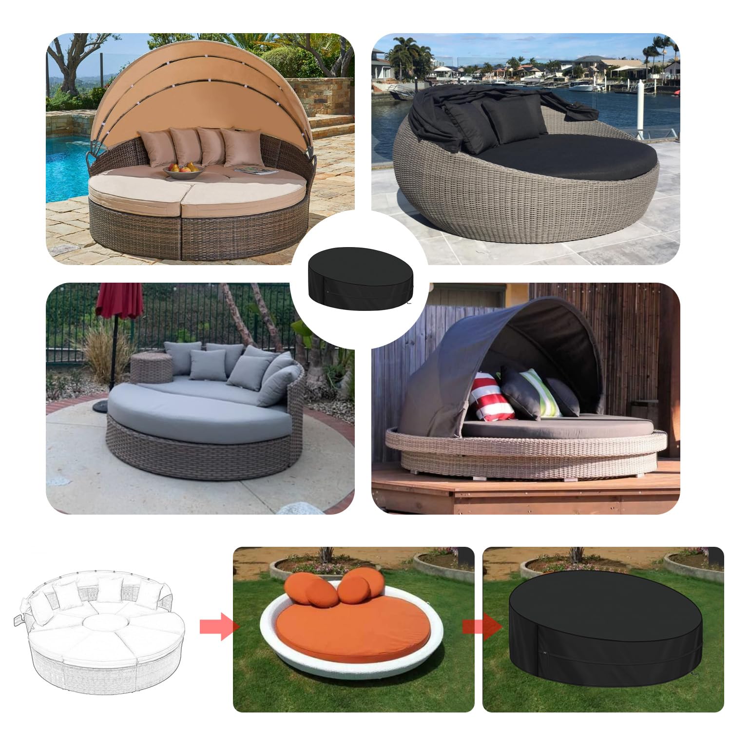 LAMUNI Housse Lit de Jardin Rond Couverture de Lit de Jardin, 420D Tissu Oxford Bâche Canape-lit Jardin, Housse de Protection Canapé-lit, Imperméable Housses pour Lit de Jardin, 250x90/50cm