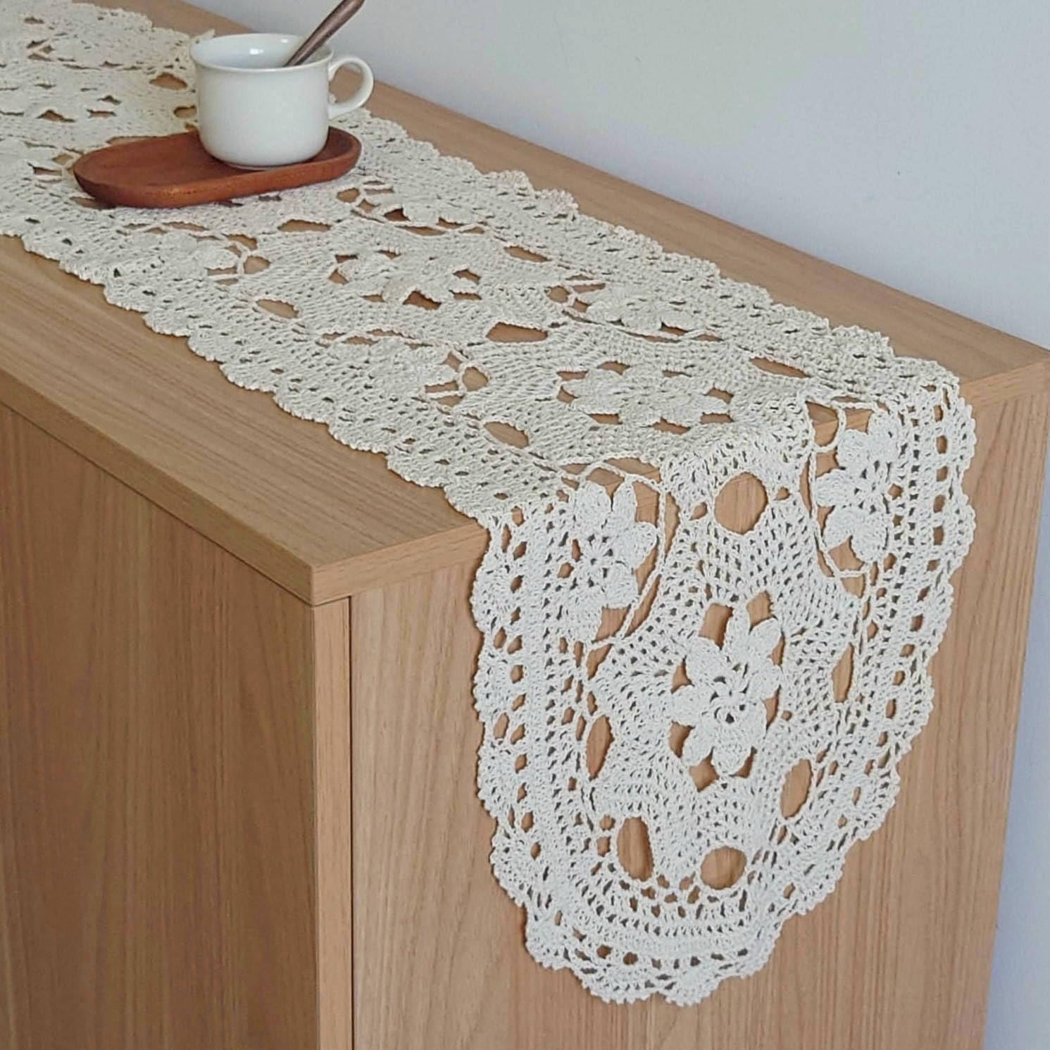 Hand Crochet Lace Table Runner Dresser Scarf for Furniture (12" x 56")