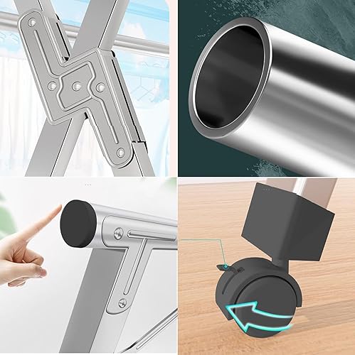 Miniatura 2 de Estante de secado de ropa de acero inoxidable, estante portátil de lavandería de 94 pulgadas con ruedas, estante interior ajustable que ahorra