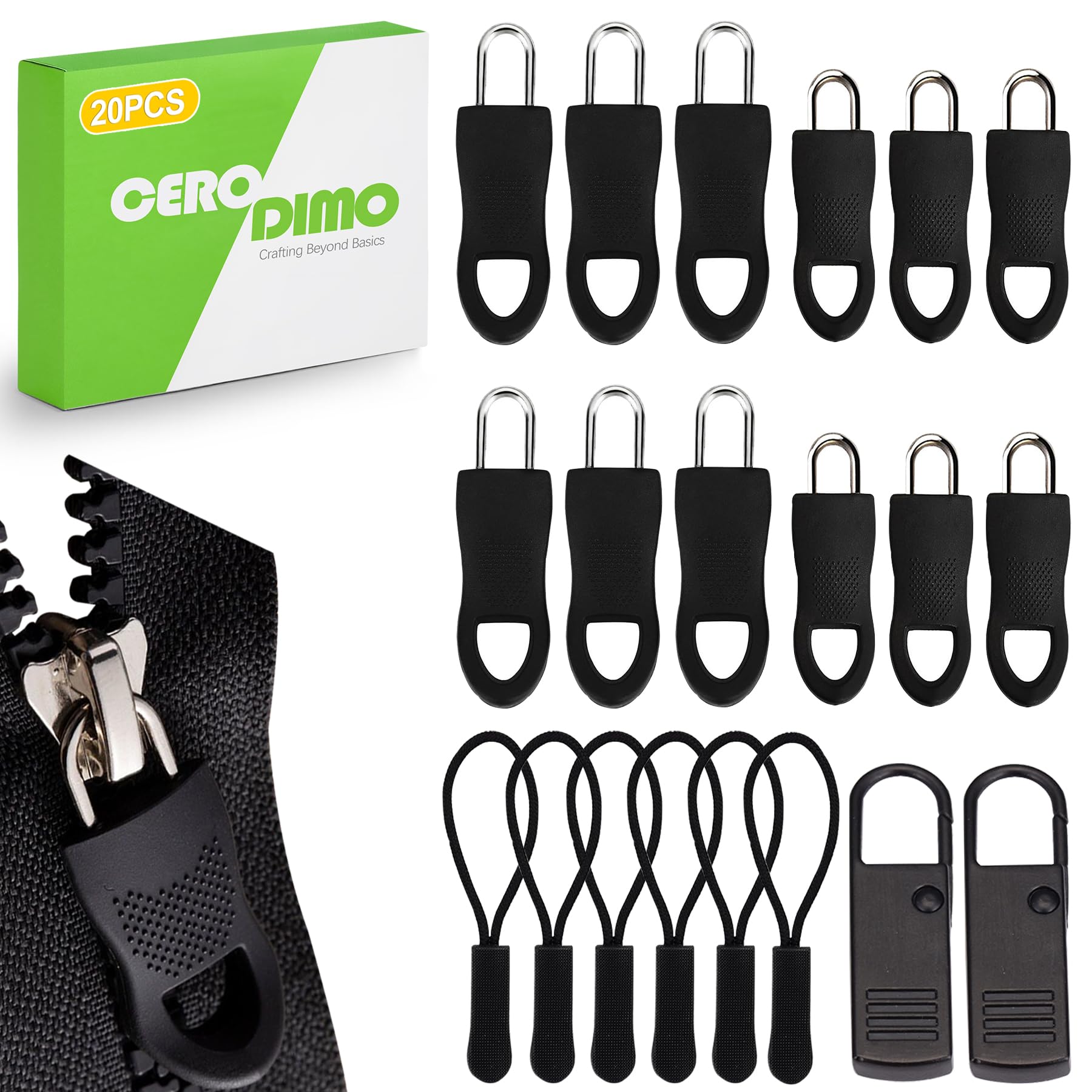 CeroDimo 20 Pcs Universal Zipper Repair Kit, Fixer Sliding Teeth, Replacement, Paracord Zipper Pulls for Jackets, Luggage, Backpacks, Pants, Boots, Tents