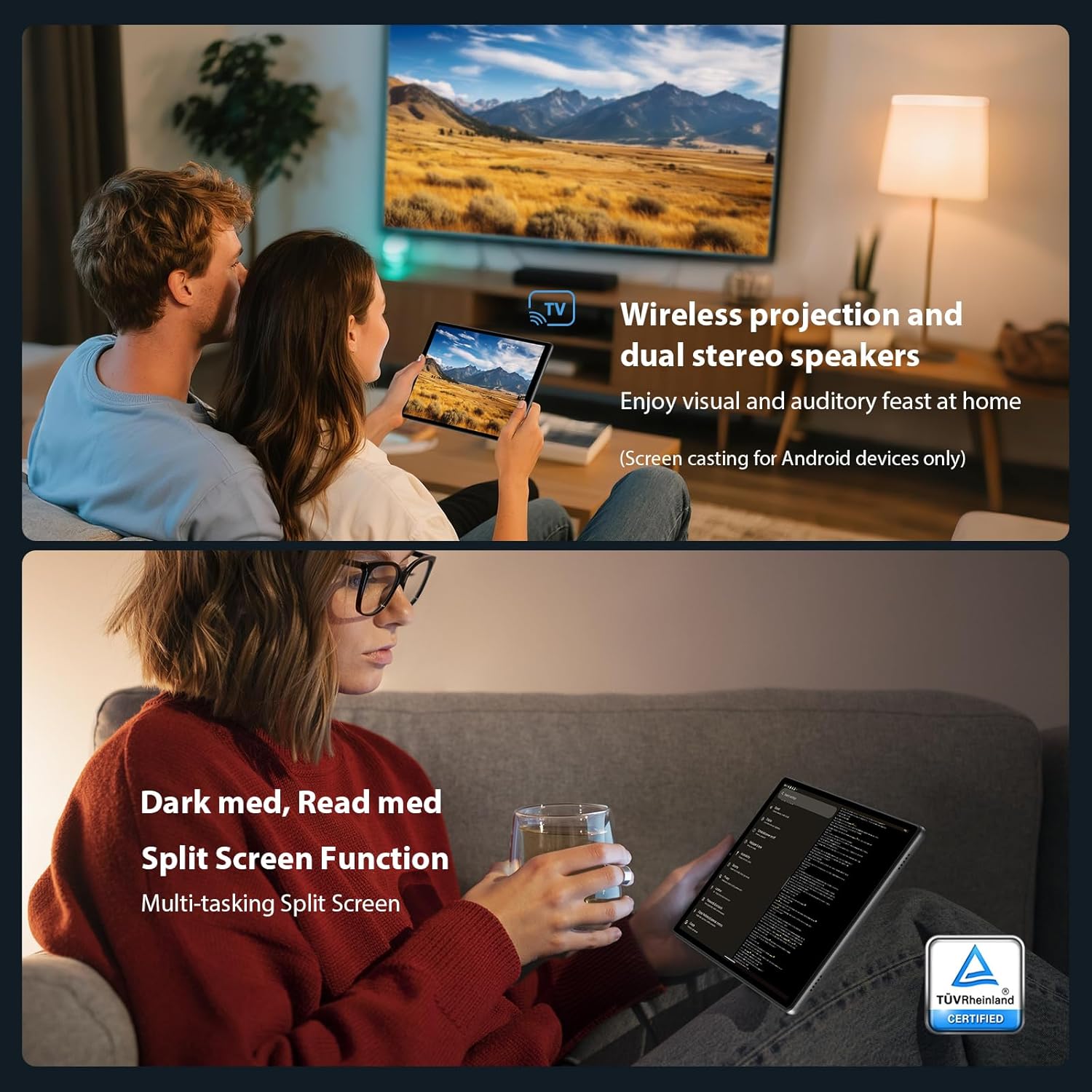 A couple watching content from their BEYNIVAN L60-EEA tablet wirelessly projected onto a large TV screen.