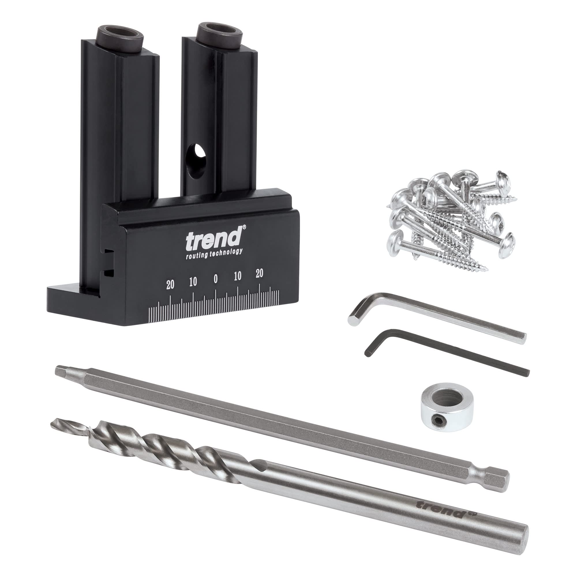 Trend Mini Doble Guía para Agujeros Ocultos con Broca HSS y Collar | Guía doble compacta para uniones de madera precisas: broca HSS, collar de profundidad, broca y tornillos, PH/JIG/M