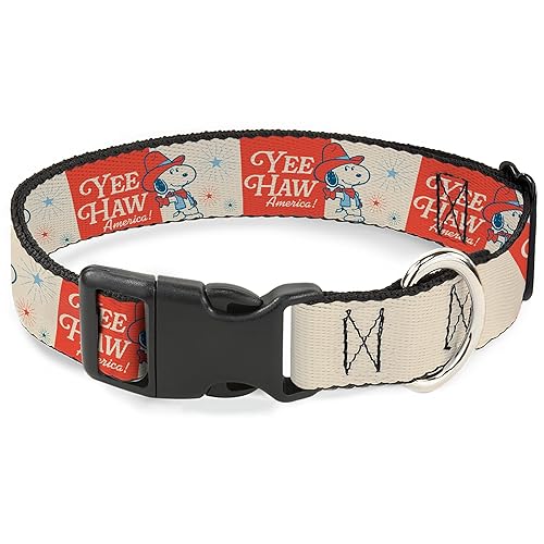 Peanuts Worldwide LLC Pet Collar, Dog Collar Plastic Buckle, Peanuts Snoopy Yee Haw America Pose and Icons Ivory Blues Red, 9.5 to 13 Inches 1.0 Inch Wide