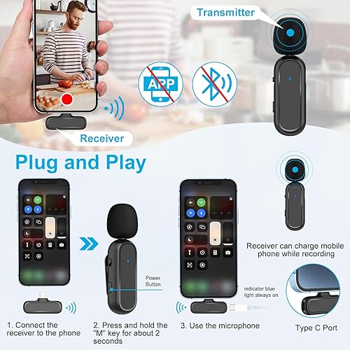 Miniatura 2 de Micrófono Lavalier inalámbrico con funda de carga para iPhone iPad, paquete de 2 micrófonos inalámbricos de solapa, enchufe para usar, micrófono de