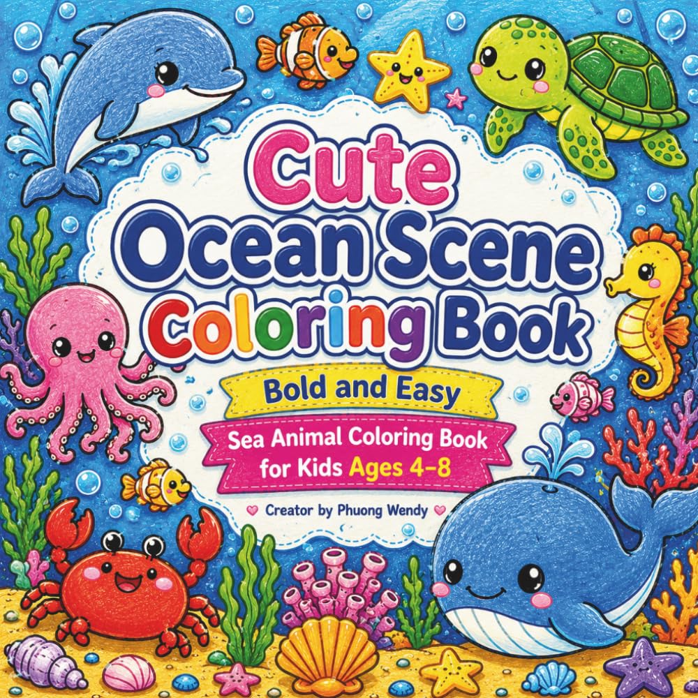 Cute Ocean Scene Coloring Book: Bold and Easy Sea Animal Coloring Book for Kids Ages 4–8