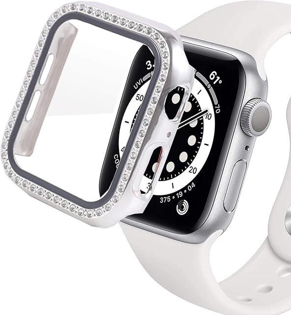 Compatible for Apple Watch 44mm Series 4/5/6/SE Cover Built-in Tempered Glass Screen Protector,Bling Crystal Diamond Rhinestone Hard PC Protective Case for iwatch (Silver, 44mm)