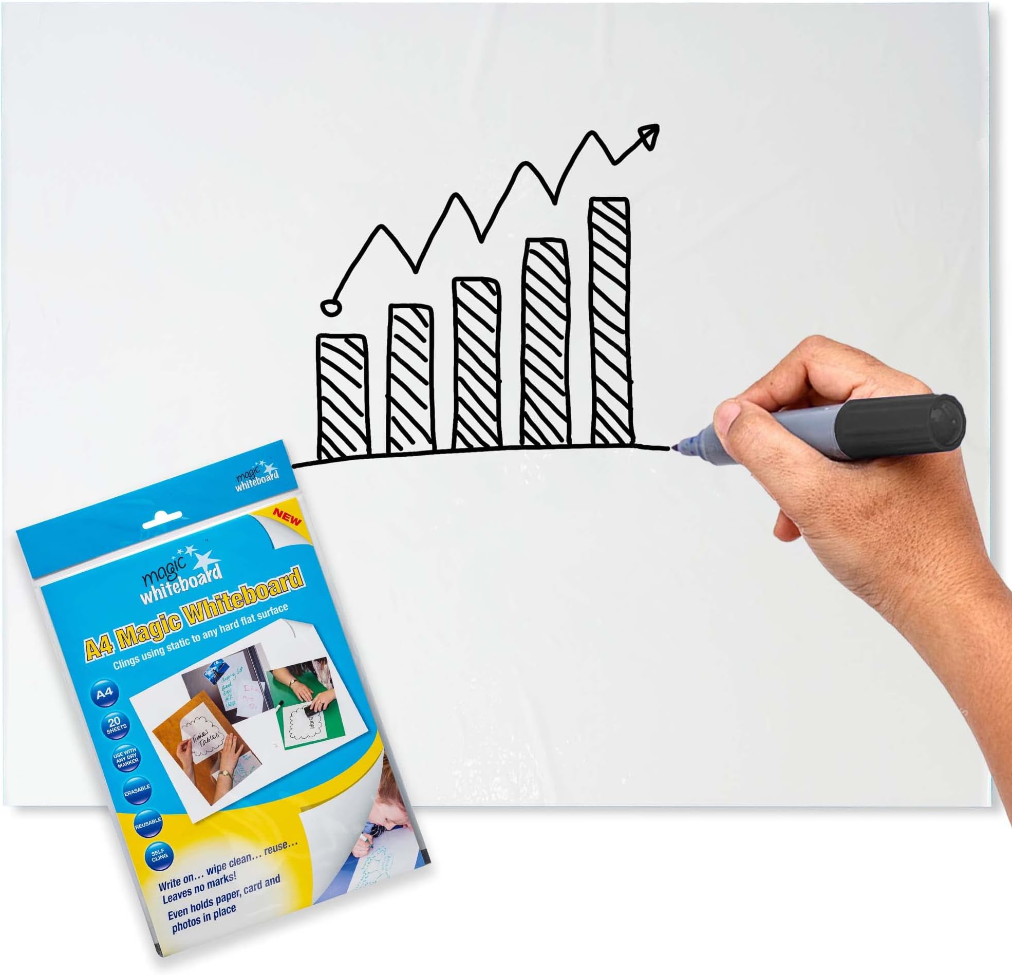 Magic Whiteboard Mini Whiteboard Sheets - Static & Portable A4 White Board Sheet for Wall, Doors, Windows, Fridges, & Glass - 20 Plain White Easy Clean, Dry Erase Board for School, Office & Kitchen