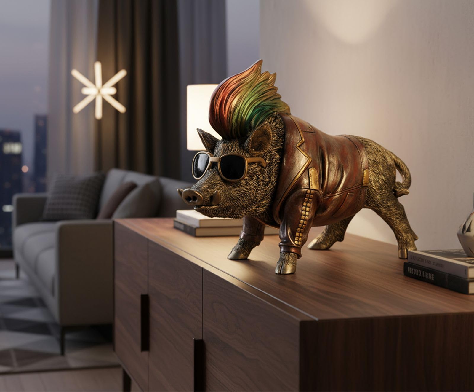 formano Dekofigur Cooles Wildschwein 32x24cm Handbemalte Tierfigur aus Polyresin im coolen Lederjacken-Design - witzige Wohn-Deko & Geschenkidee für Tierfreunde und Liebhaber ausgefallener Figuren