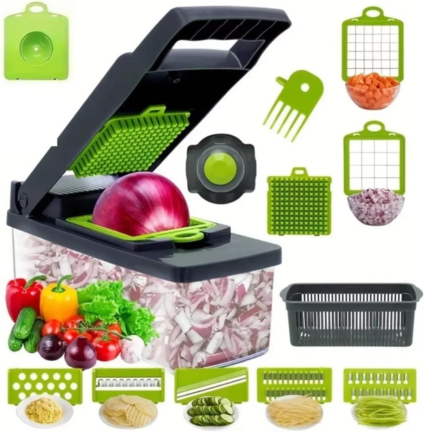 14/16 in 1 Vegetable Slicer and Chopper - Multi-Functional Kitchen Tool for Tomato, Carrot, and Onion Shredding(Gray 16-piece set)