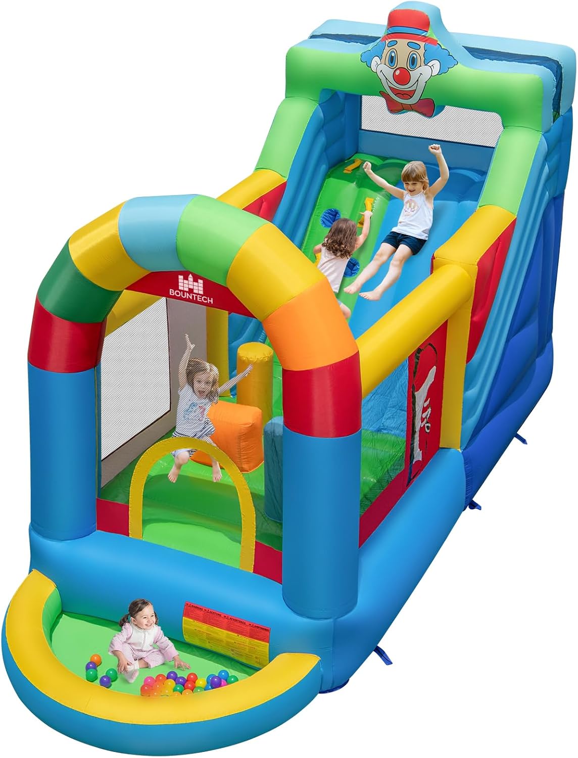 COSTWAY Clown Themed Inflatable Castle with Slide and Jumping House, Inflatable Playground with Climbing Wall and Ball Pool, 50 Balls, Indoor Outdoor for 3-10 Years