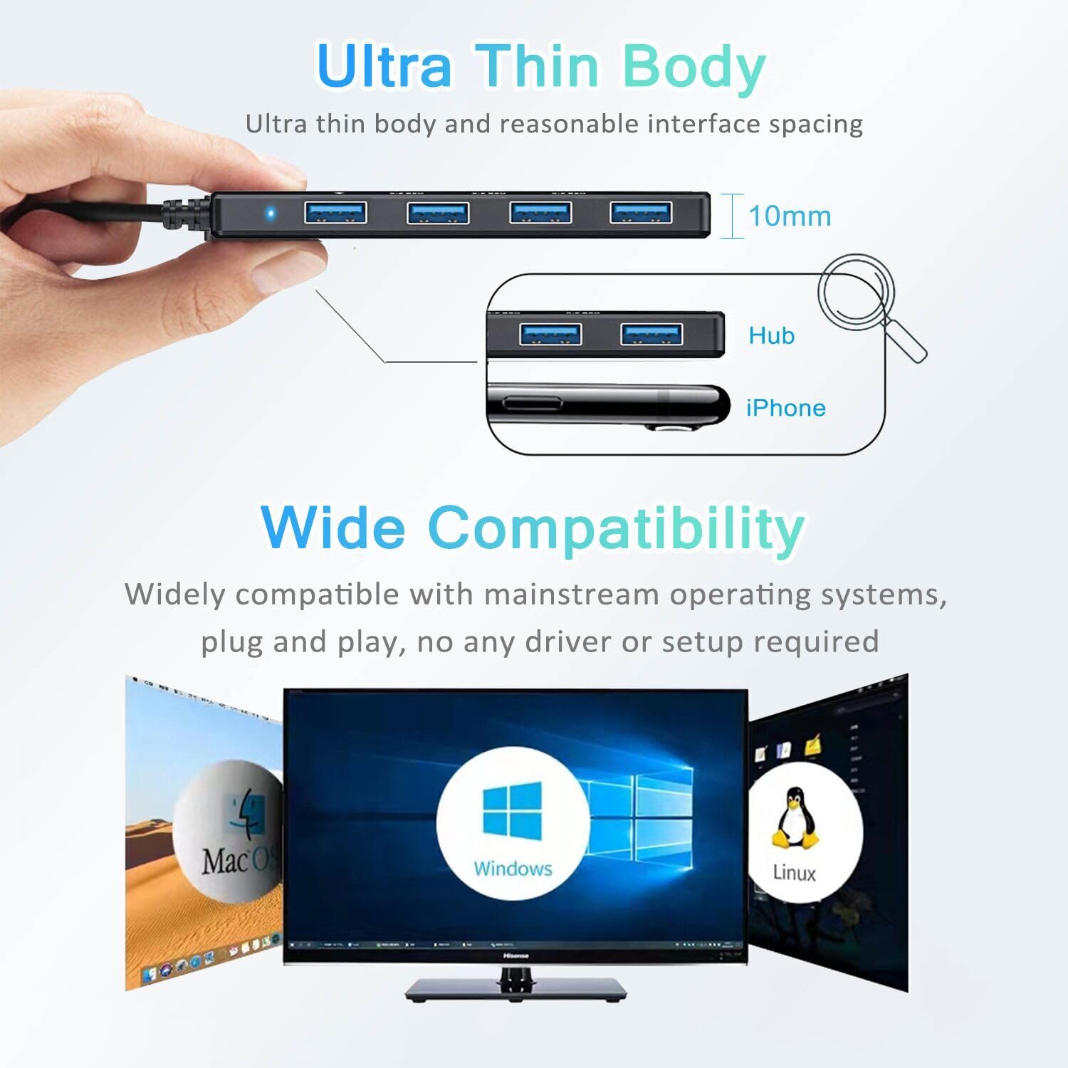 USB 3.0 Hub, VIENON 4-Port USB Hub USB Splitter USB Expander for Laptop, Xbox, Flash Drive, HDD, Console, Printer, Camera,Keyborad, Mouse(Not for Charging)