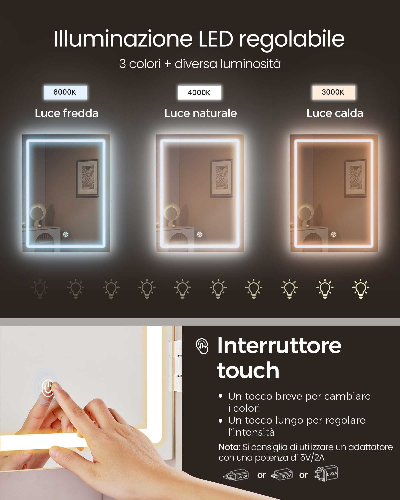VASAGLE KAILYN Collezione - Toeletta con Luci LED a Luminosità Regolabile, Tavolo da Trucco con Specchio, 40 x 118,3 x 145 cm, Scomparti Aperti, Ripiani Regolabili, Moderno, Bianco Nuvola RDT624WB01
