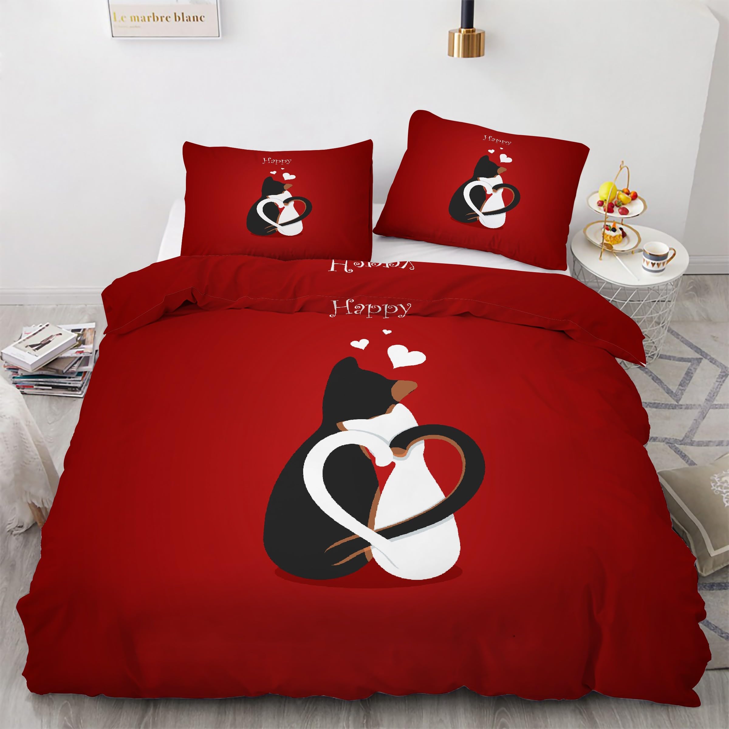 Ensemble de Literie 3 Pièces Motif Cœur Rouge et Chats pour une Chambre Parentale Douillette