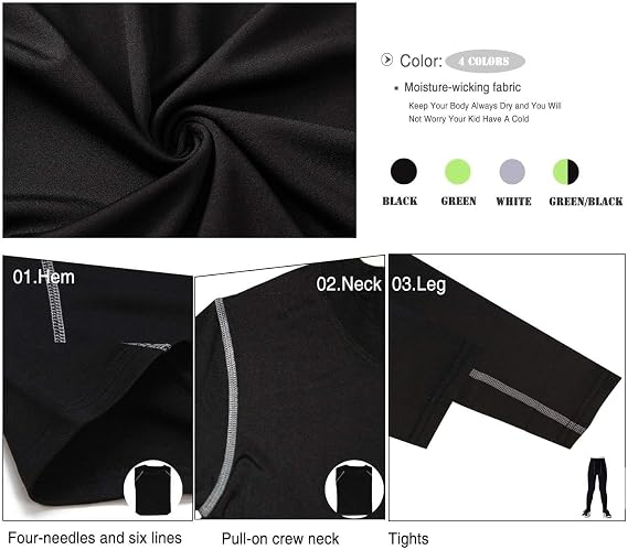 Boys Thermal Underwear Set Long John Skin Base Layer Tops | Moisture Wicking