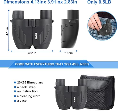 Miniatura 3 de AWEN Prismáticos compactos de 20 x 25 para adultos y niños, ocular grande impermeable, binoculares pequeños de fácil enfoque para observación de