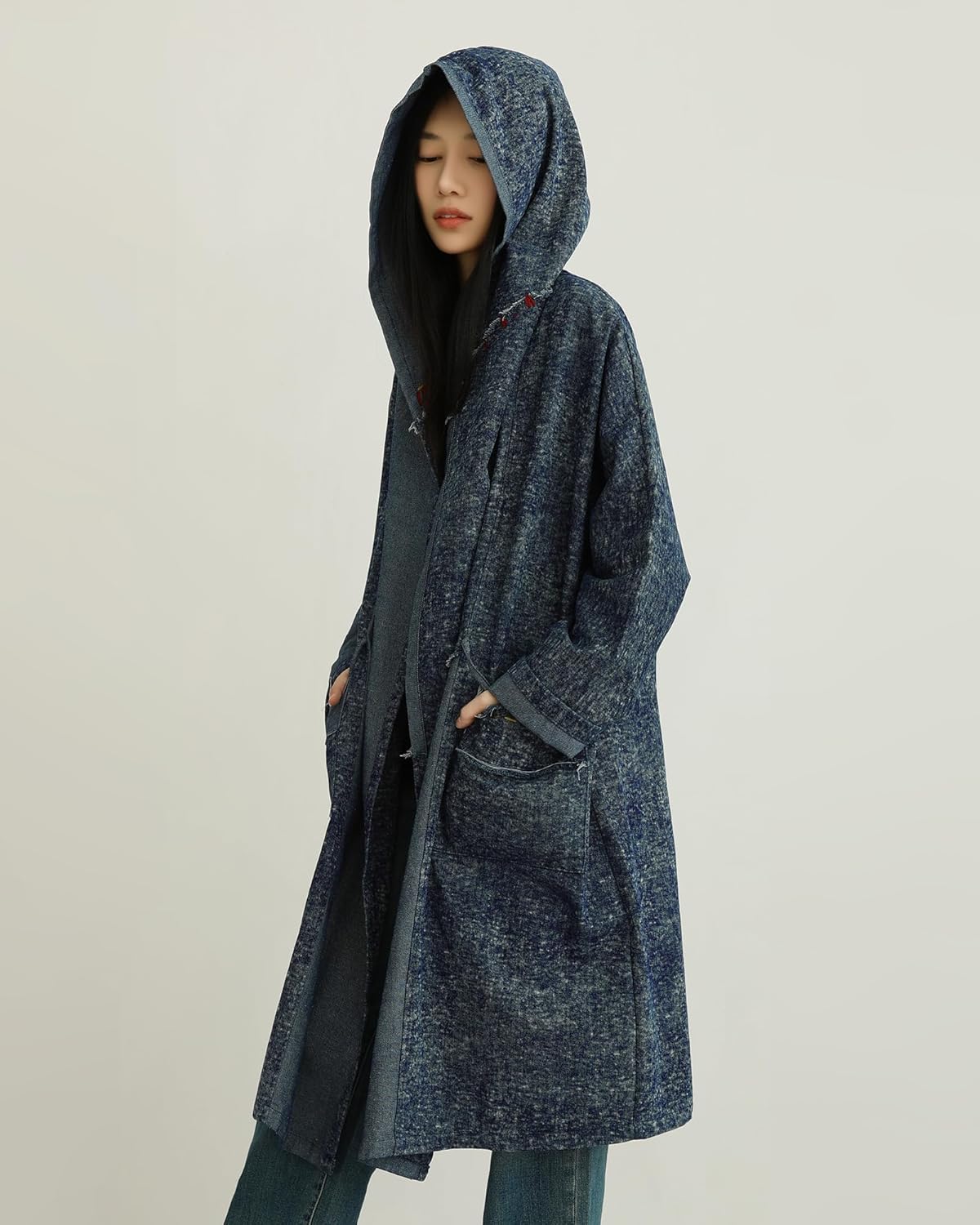 Women's Hooded Denim Coat Loose Fit Long Jacket with Tie Front & Patch Pockets Casual Fashion Outerwear - Image 2