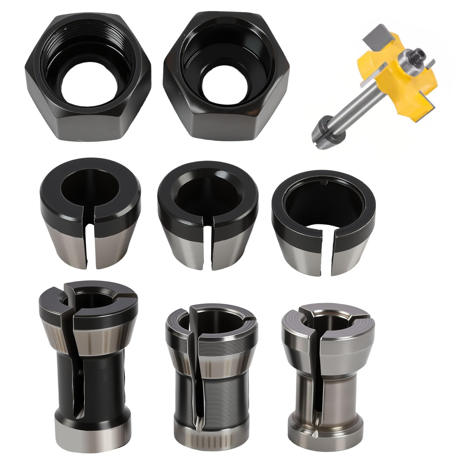 8 Stück Oberfräsen Spannzangen, Spannzangen Set 6mm 6.35mm 8mm plus 2 Muttern 13mm, Collet Adapter für Kantenfräse Trimmer Graviermaschine Holzfräse Rundschaft Fräser, präzise Klemmung Zubehör