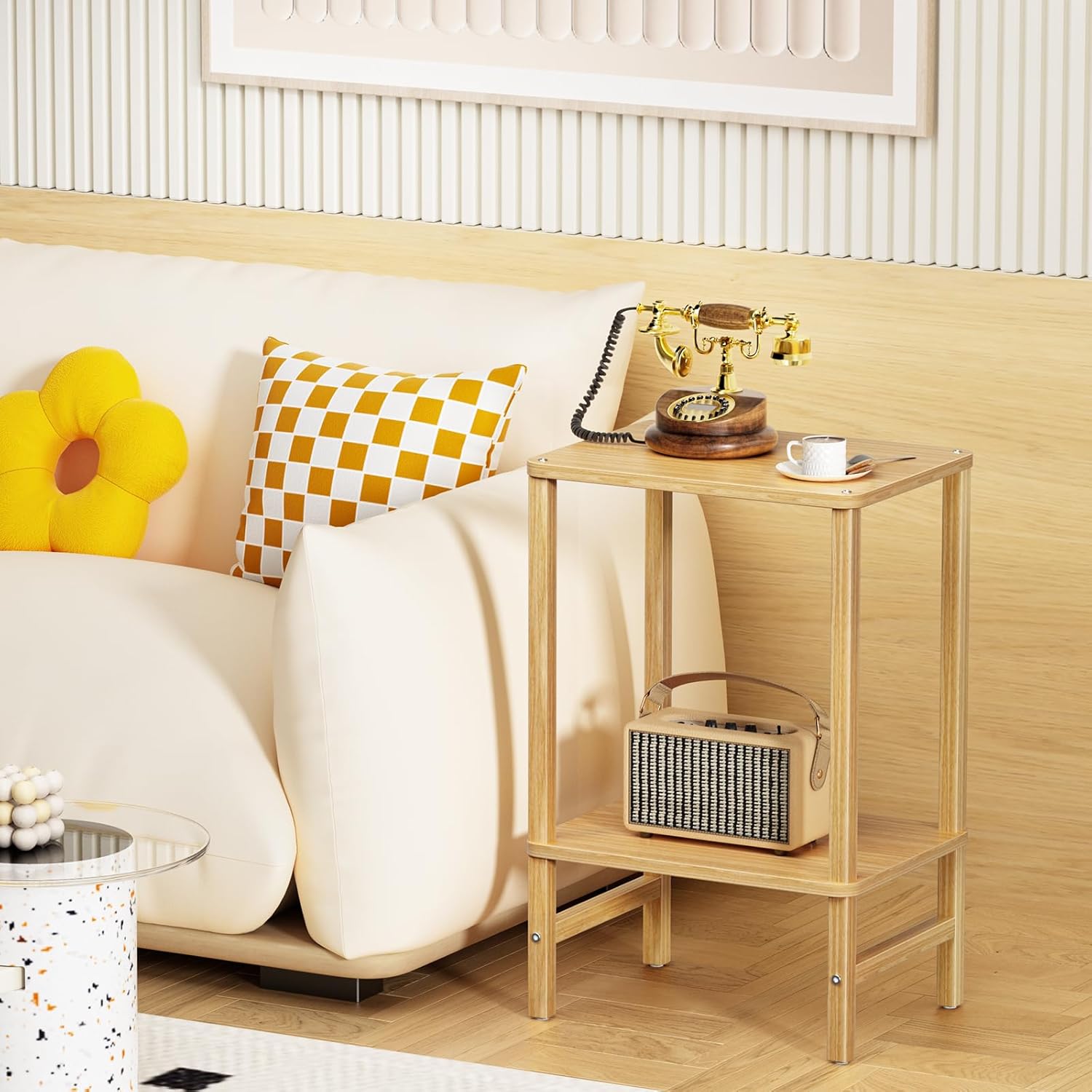 YUFAM Side Table End Table Tall Night Stand 2-Tier for Living Room Bedroom Bathroom Office Furniture Natural