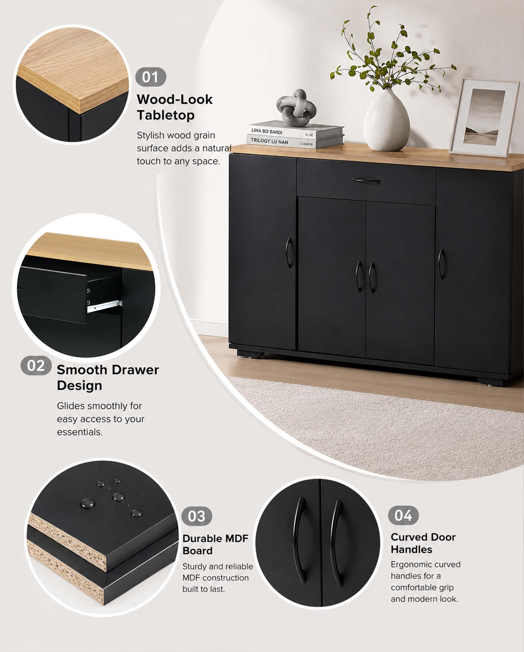 Küchenschrank mit Arbeitsplatte Schwarz Küchenkommode 110 x 30 x 70 cm mit Schublade und 4 Türen Küchenunterschrank schmal freistehend Sideboard Stauraum Küche Esszimmer