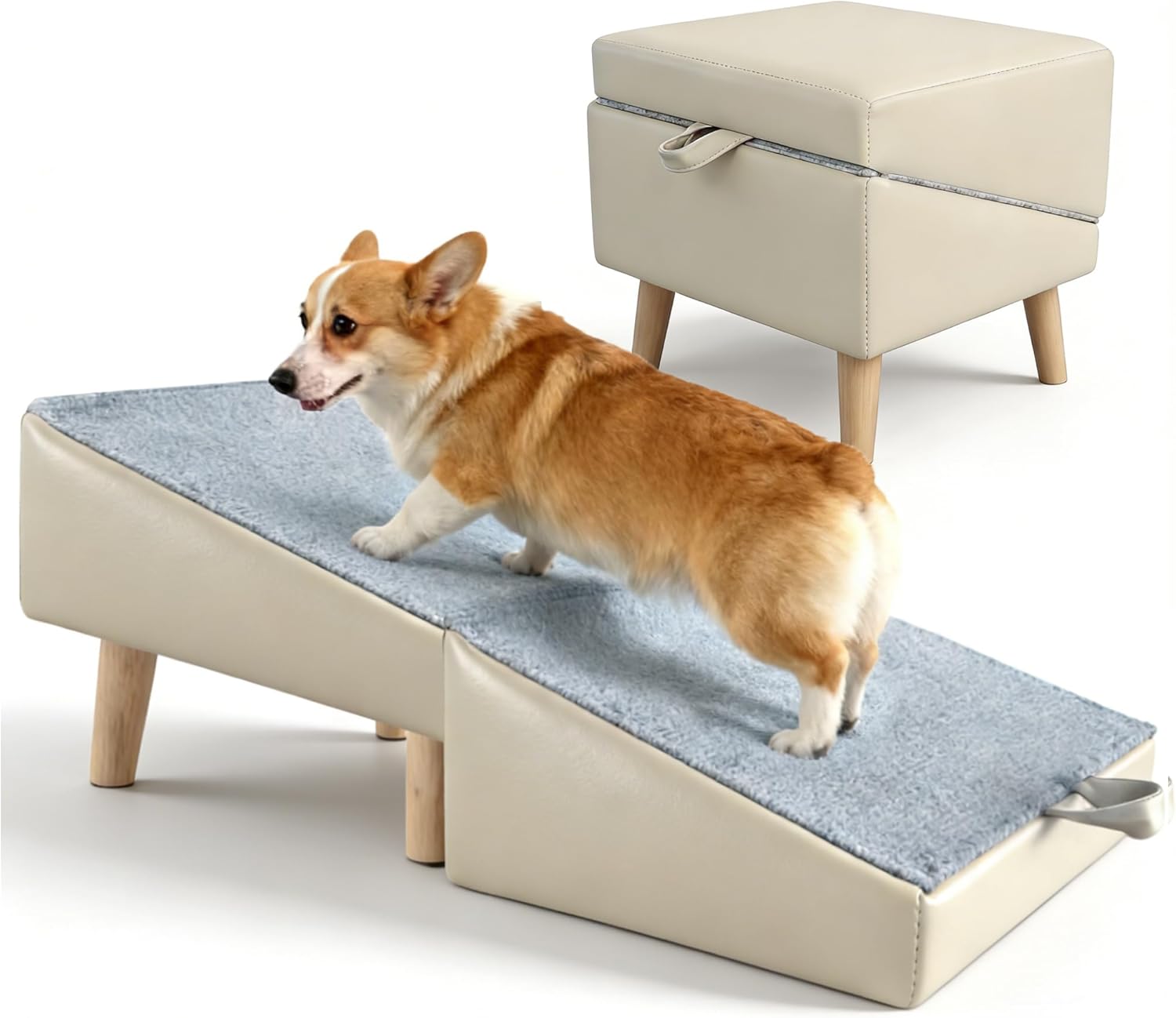 Dog Ramp for Couch Sofa and Low Bed, 15.7" W Foldable 2-in-1 Pet Steps & Ottoman, Non-Slip Wooden Pet Stairs for Small Senior Injured Dogs & Cats