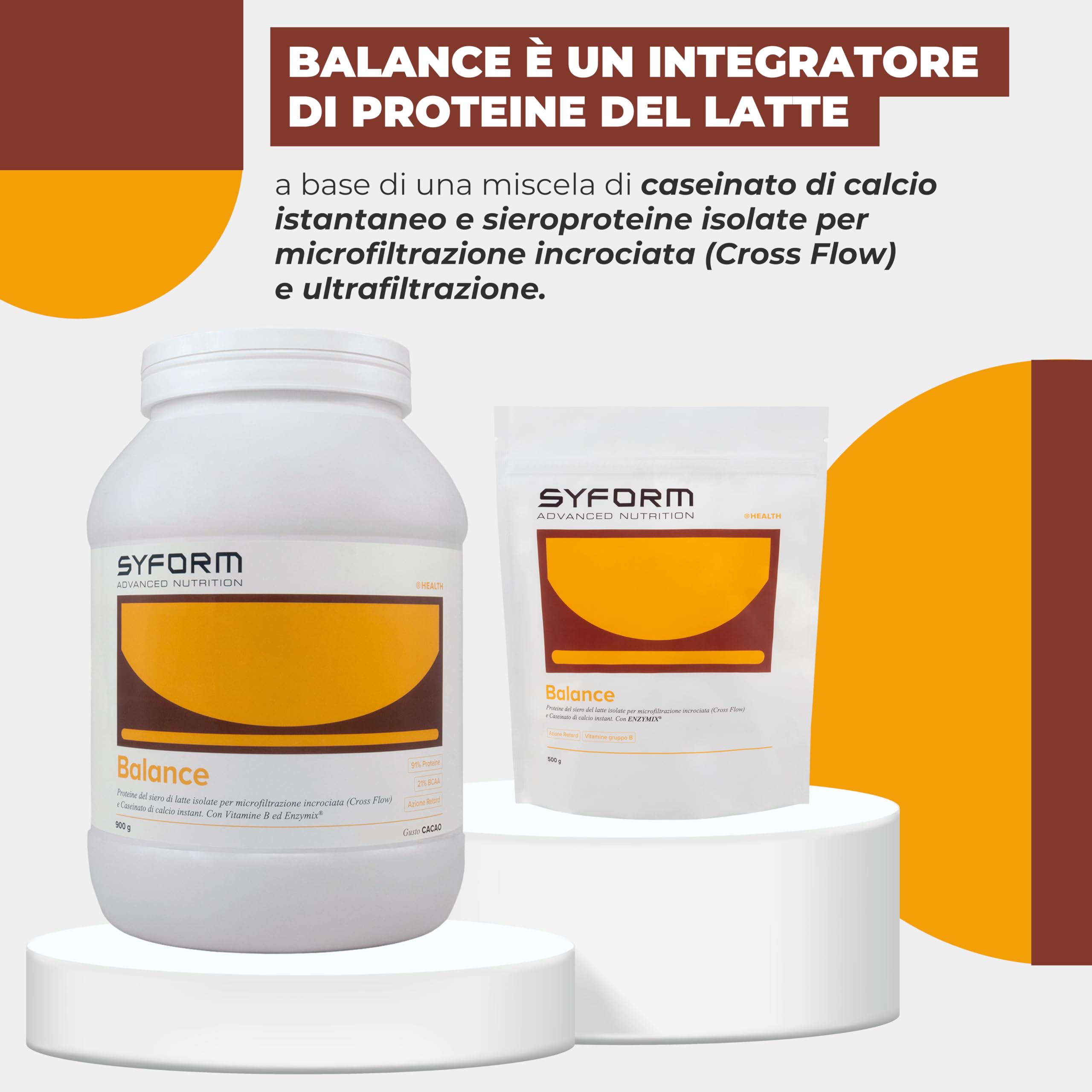 Syform Balance Integratore Sieroproteine Isolate Caseinato di Calcio 900g | Cacao | Integratore Alimentare in Polvere con Proteine a Lento Rilascio | Senza Glutine