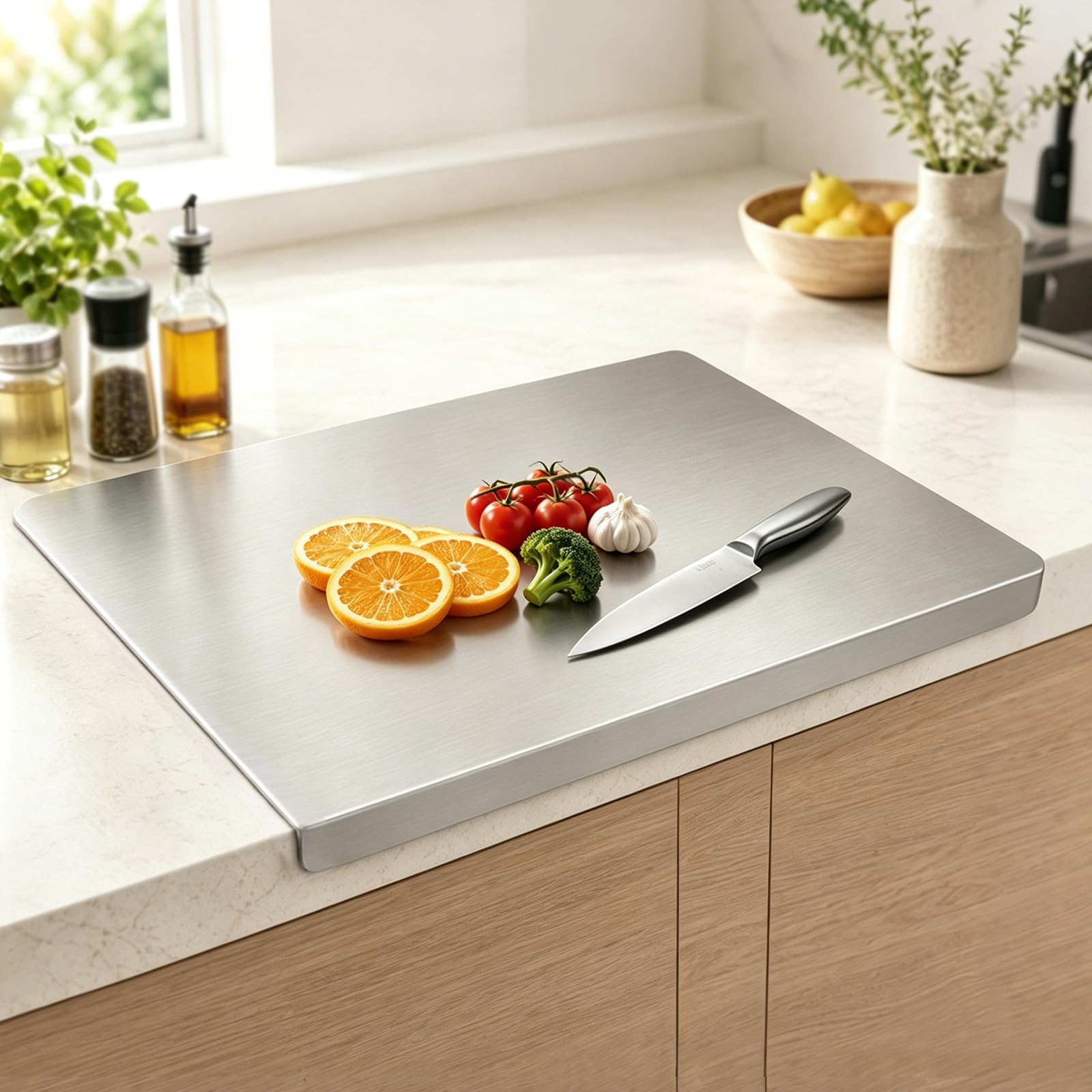 Stainless Steel Chopping Board with Counter Lip, Kneading Board Baking Board, Non-Slip Kitchen Cutting Boards, Heavy Duty Large Cutting Board for Meat Bread Meat Vegetable Fruit Baking Pizza (60x40cm)