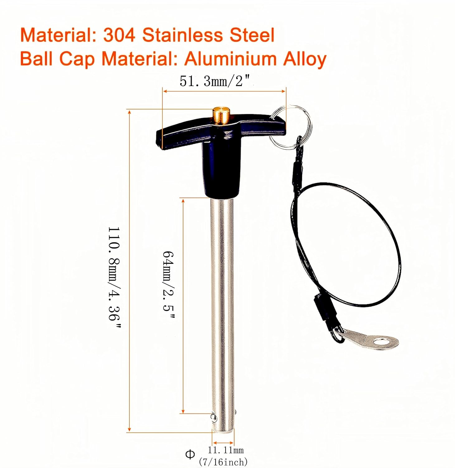 1Pc Stainless Steel T - Handle Lock Pins, 1/4"~1/2" Pin Dia. 2"~4" Usage Length Push-Button Quick Release Pin Safety Pin Handle Stop Pin with Lanyard Cable (Pin Dia(mm):11.11, Usage Length(mm):64)