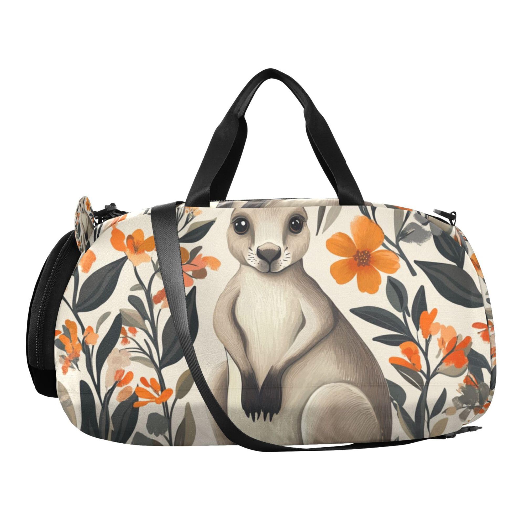 Glaphy Kangaroo and Flowers Duffle Bag for Toddler Boys Girls, Gym Sports Bag with Shoe Compartments, Kids Travel Overnight Weekender Shoulder Bag