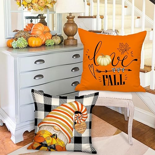 Miniatura 2 de Ywlake Juego de 4 fundas de almohada decorativas de otoño de 20 x 20 pulgadas, diseño de gnomo de calabaza, fundas de cojín otoñales de 20 x 20