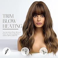 Vista 3 de HAIRCUBE Pelucas de onda larga con flequillo, pelucas rizadas de color marrón degradado para mujer, pelucas sintéticas resistentes al calor