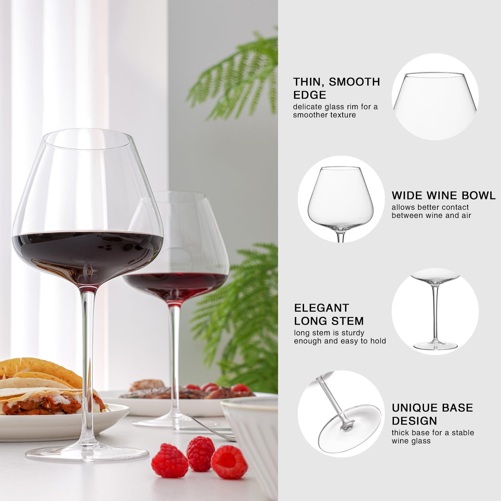 Elixir Glassware Rode wijnglazen, set van 4 grote, handgeblazen rode wijnglazen, wijnglazen met lange steel, premium kristal, wijnproeverij, bruiloft, jubileum, Kerstmis, 670 ml