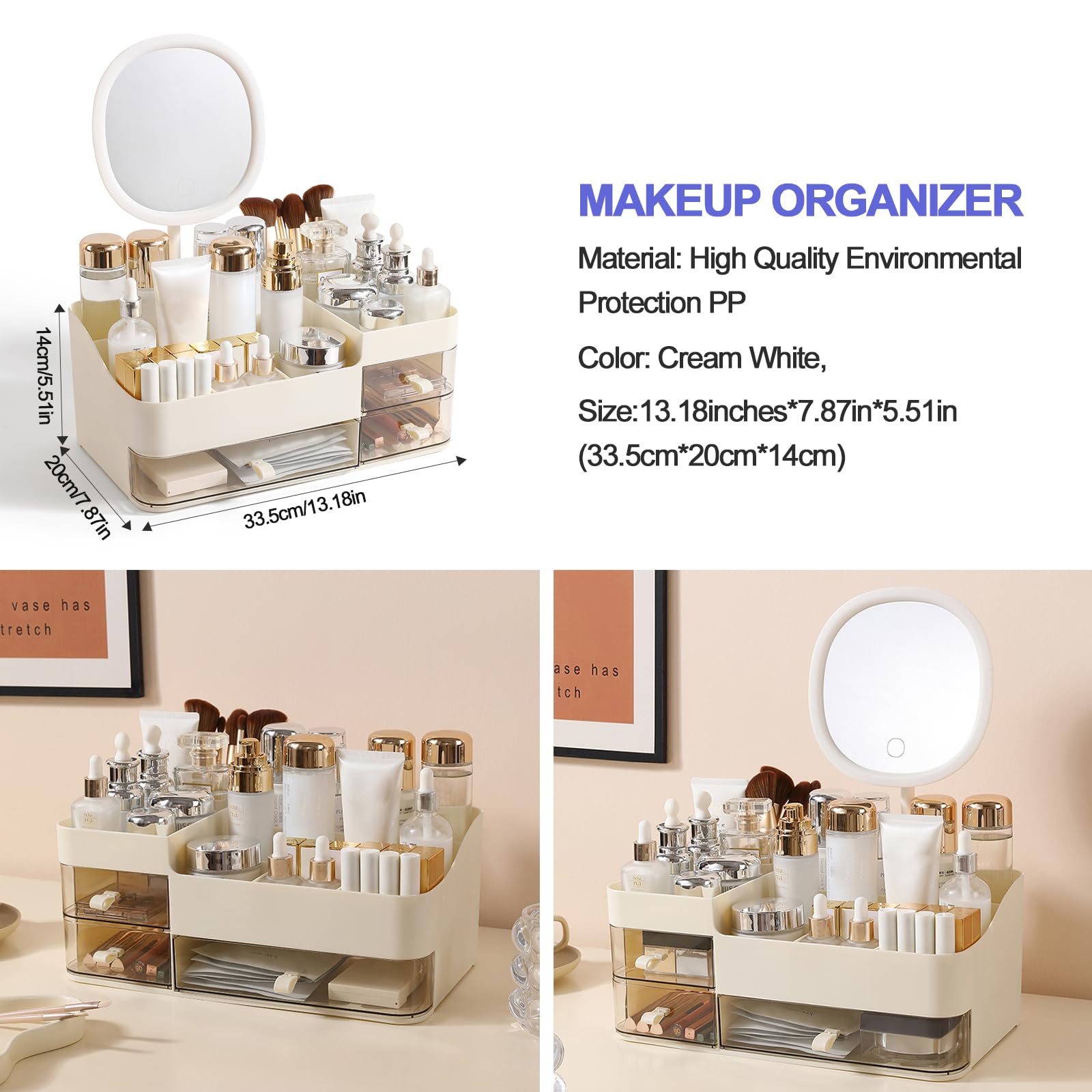 DASITON Make up Kosmetik Organizer mit Spiegel, Großer Kosmetik Aufbewahrung mit 3 Schubladen, Makeup Organizers für Schlafzimmer Schminktisch Badezimmer Organizer Schminke Lippenstift Perfume (Creme)