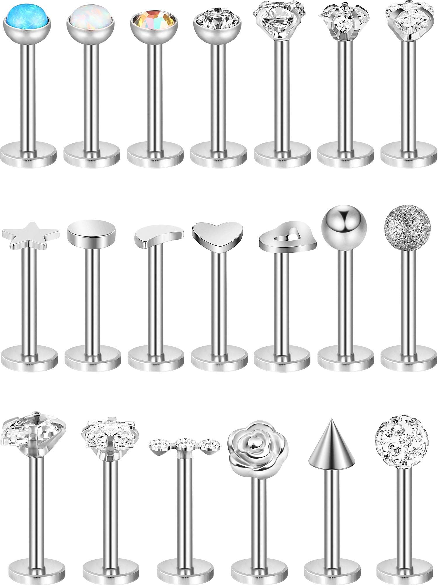 20 Pieces 16G Stainless Steel Nose Studs Nose Lips Tragus Labret Cartilage Piercing Jewelry for Women Girls, 20 Styles