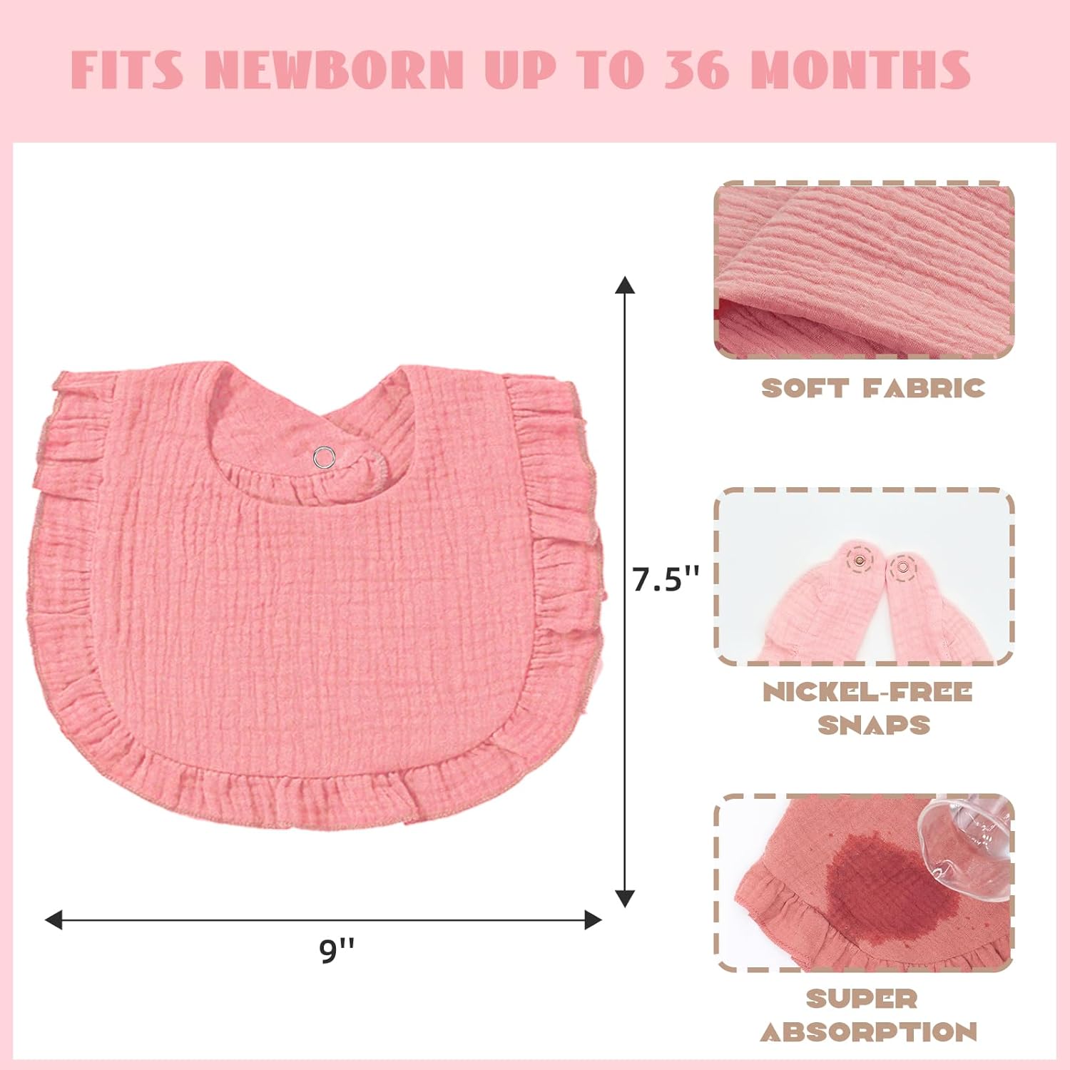 Baby Muslin Bibs, Bandana Drool Bib for Girls, Adjustable 100% Cotton Soft Baby Bibs for Drooling and Teething Organic Solid Colors Lap-Shoulder - Image 3